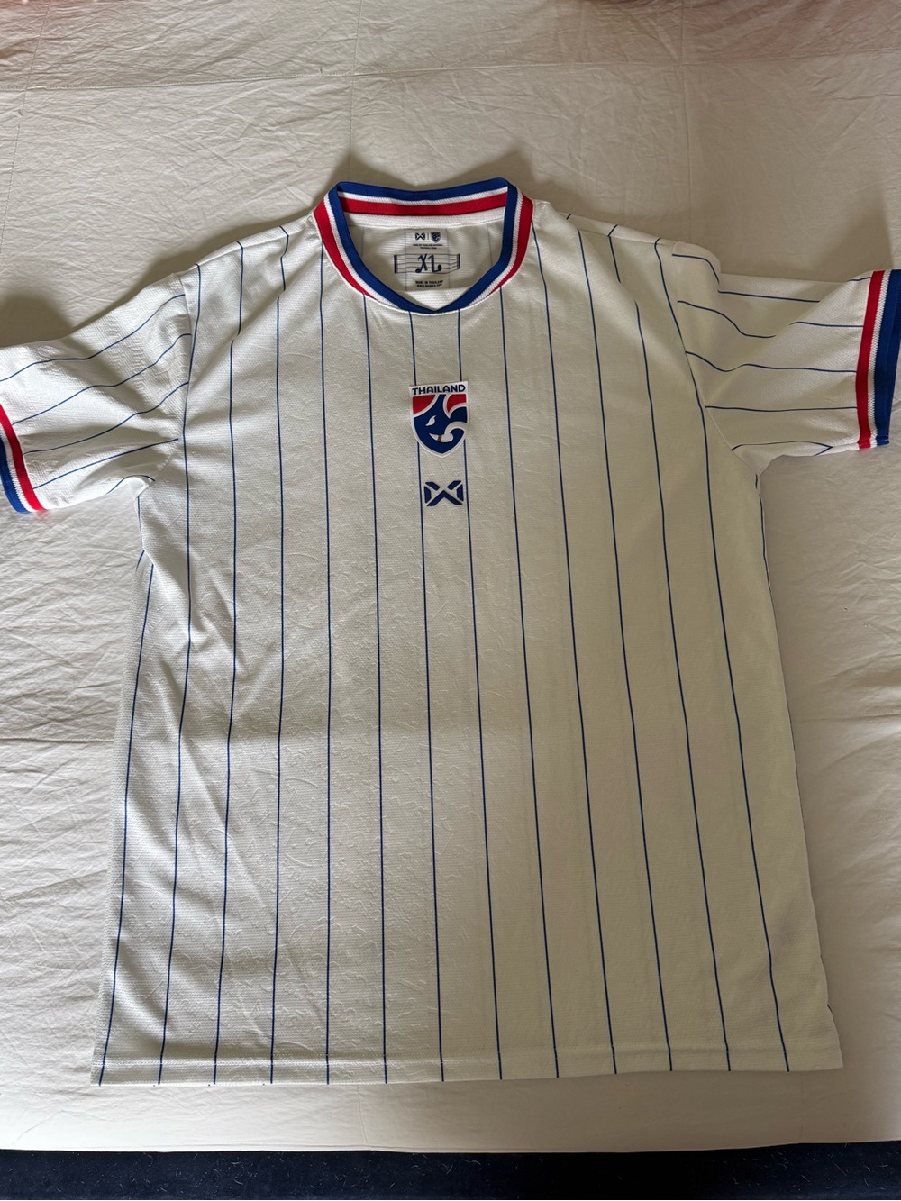 Thailand White Pinstripe Men's Jersey with Blue & Red Trim